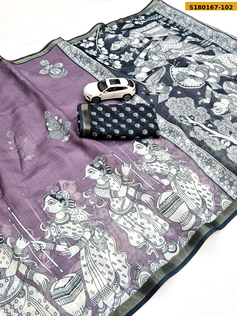 Fancy Linen Digital Kalamkari Printed Saree