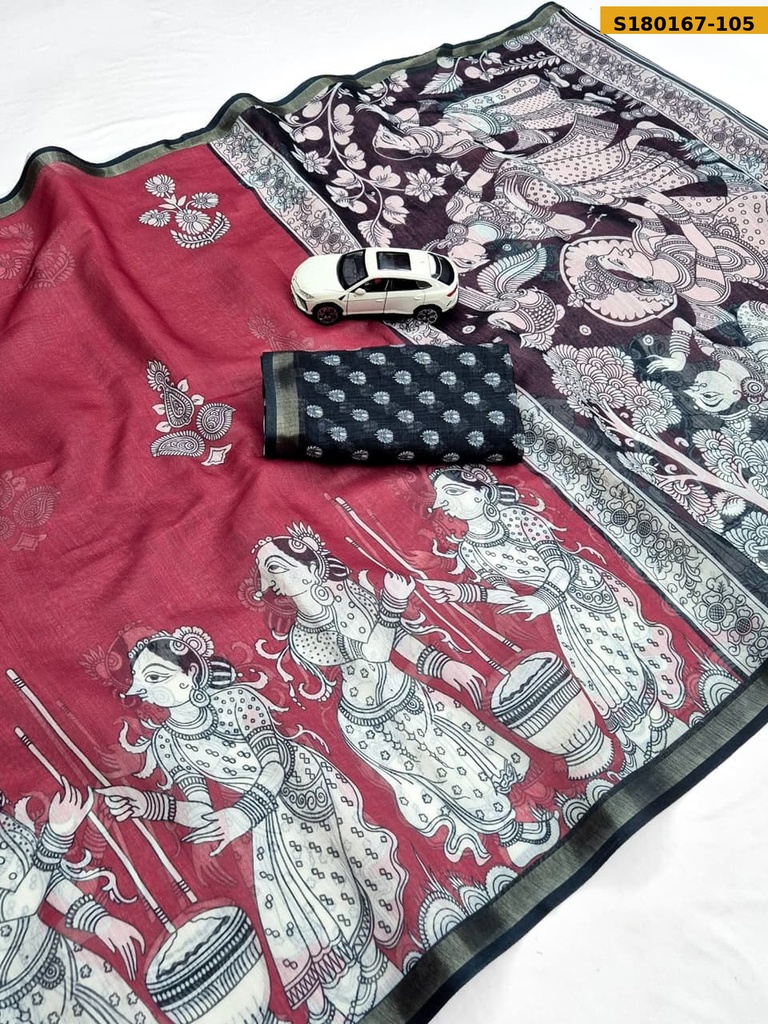 Fancy Linen Digital Kalamkari Printed Saree