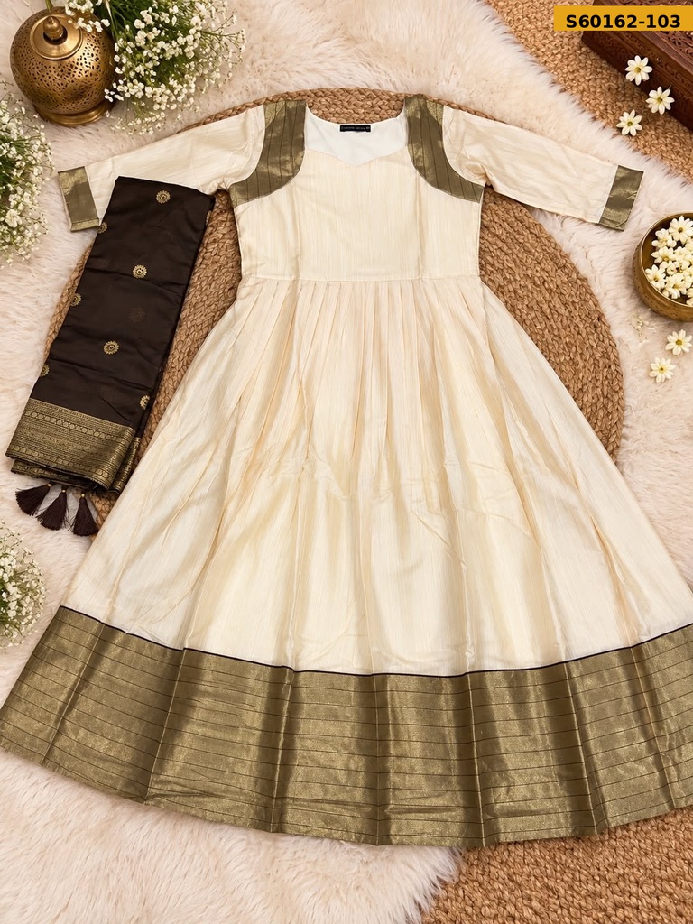 Fancy Cotton Spun Silk Anarkali With Dupatta