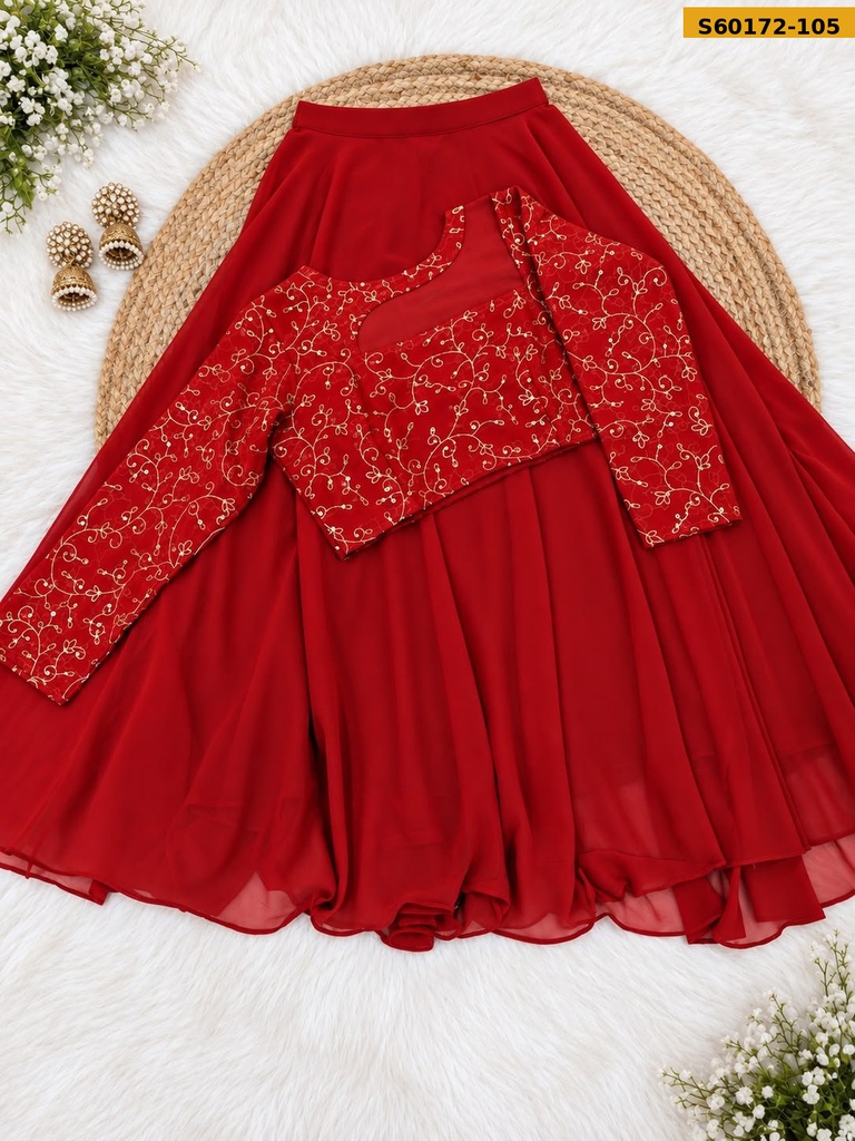 Fancy Georgette Embroidered Crop Top & Flared Skirt Set