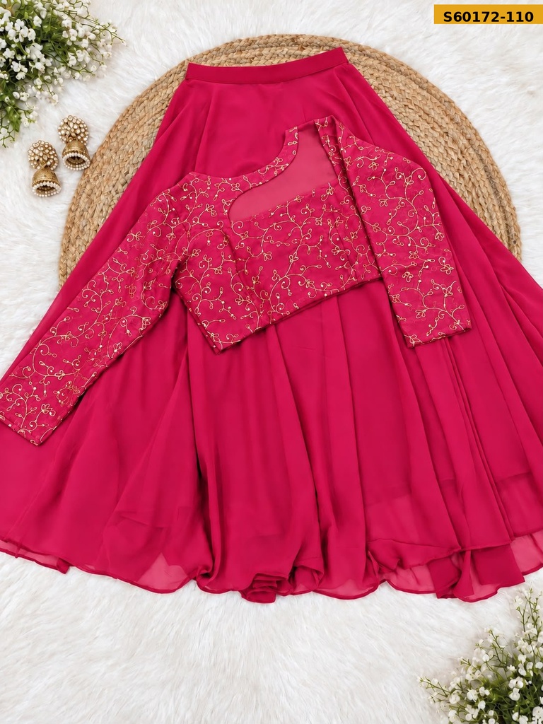 Fancy Georgette Embroidered Crop Top & Flared Skirt Set