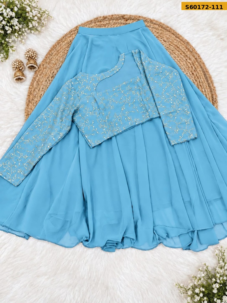 Fancy Georgette Embroidered Crop Top & Flared Skirt Set